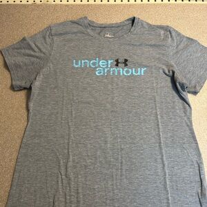Under Armour Women’s Heather Gray and Blue Tee, moisture wicking, soft